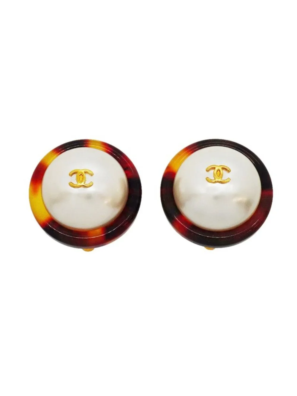 Chanel Earrings Vintage CC Logo Tortoiseshell Pattern Round